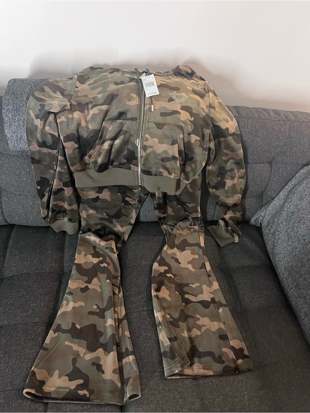 True Religion Olive Camo Flare Jumpsuit